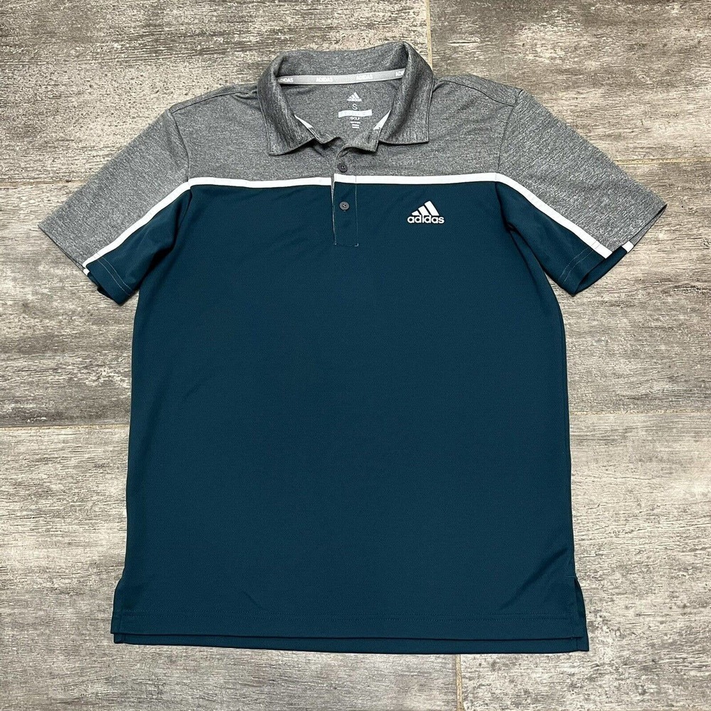 ADIDAS Golf Striped Polo Men’s Size S Small Black Grey Aqua Short Sleeve Active